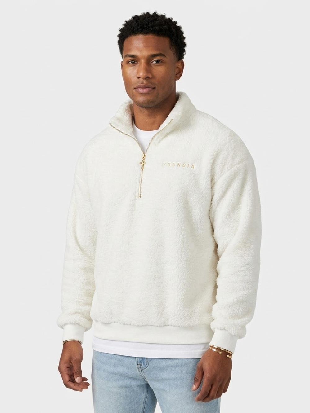 YoungLA faux fur Men's Quarter-Zip Pullover sweater cream with gold details